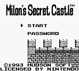 Milon's Secret Castle title screen for GameBoy